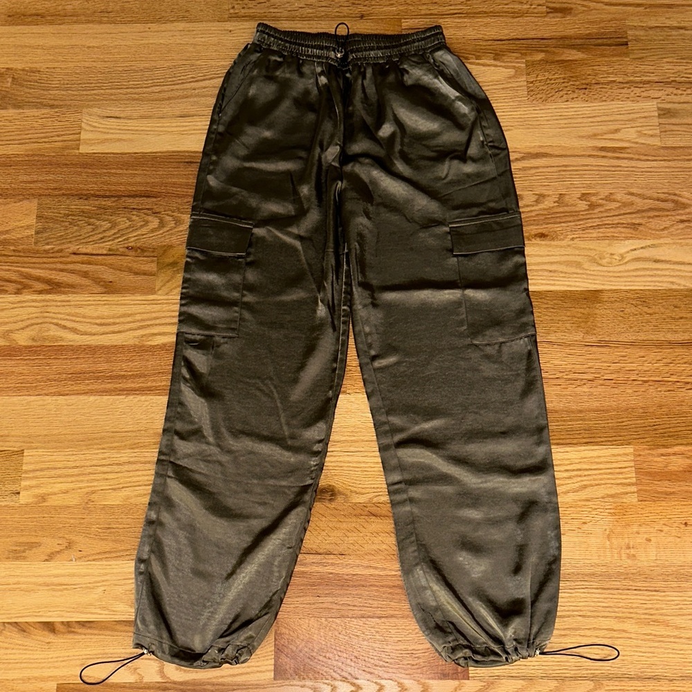 Olive Satin Cargo Pants